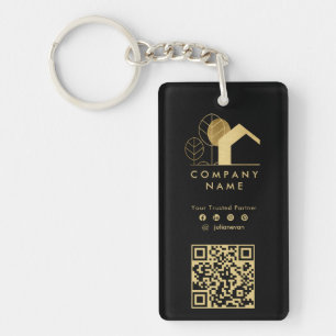 Professioneel Huis Logo Zwart en Goud Qr-code Sleutelhanger