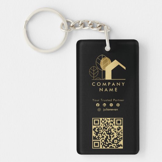 Professioneel Huis Logo Zwart en Goud Qr-code Sleutelhanger (Voorkant)