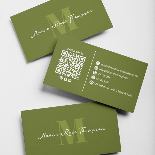Professioneel Modern Monogram Groen QR Code Visitekaartje