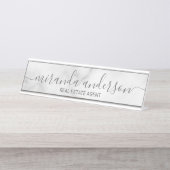 Professioneel modern script — witte marmer bureau naambordje (Voorkant)