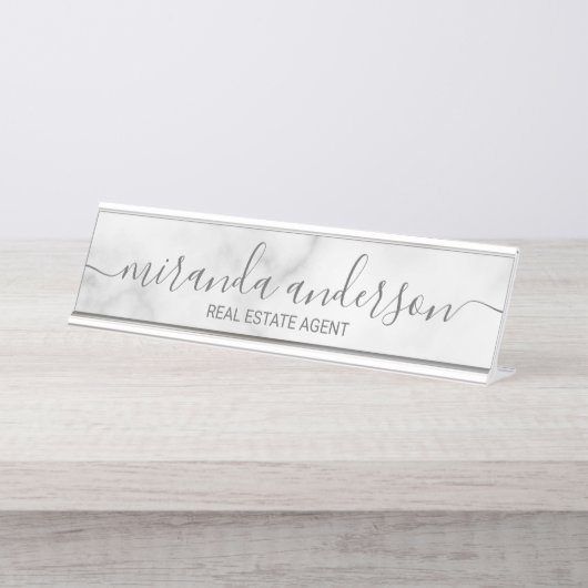 Professioneel modern script — witte marmer bureau naambordje (Voorkant)