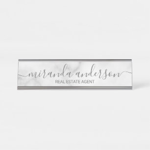 Professioneel modern script — witte marmer bureau naambordje