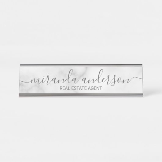 Professioneel modern script — witte marmer bureau naambordje (Voorkant)