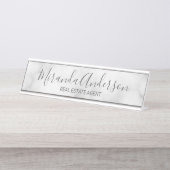 Professioneel modern script — witte marmer bureau naambordje (Voorkant)