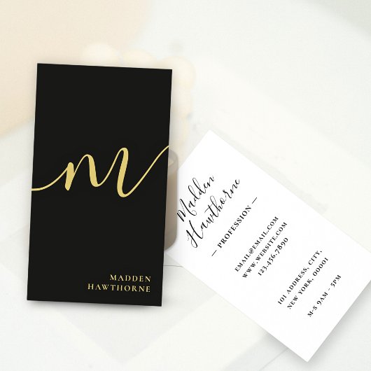 Professioneel Modern Script Zwart Goud Monogram Visitekaartje