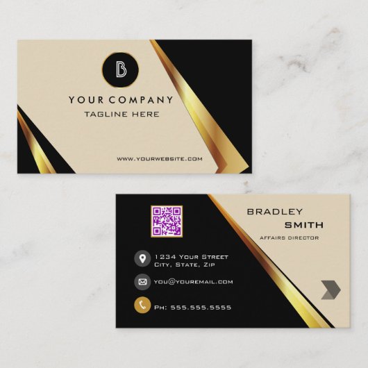 Professioneel Monogram QR Code Vet Zwart en Goud Visitekaartje (Voorkant / Achterkant)