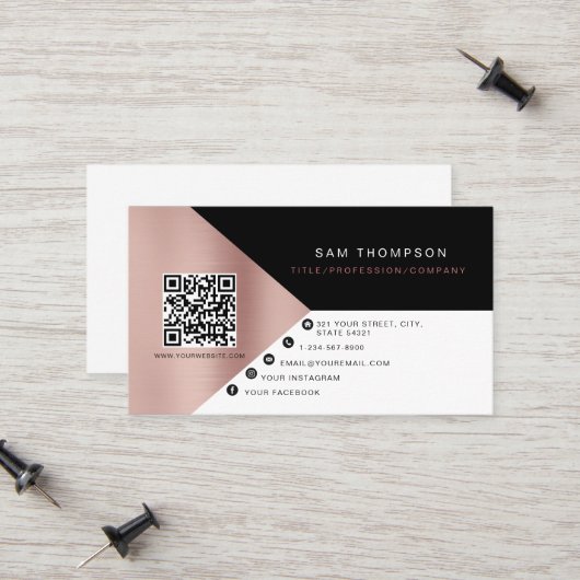 Professioneel Roos Gold QR-code Modern Business Contactkaartje (Voorkant / Achterkant in situ)