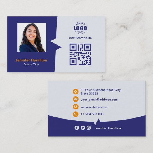 Professionele aangepaste QRCode-fotoblauw Sinaasap Visitekaartje (Voorkant / Achterkant)