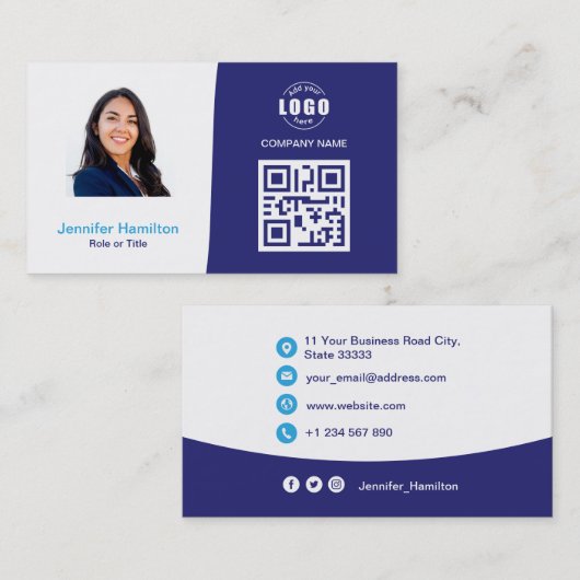 Professionele aangepaste QRCode Photo Blue Visitekaartje (Voorkant / Achterkant)