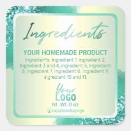 Professionele Blauwgroen Glitter Ingrediëntenlabel Vierkante Sticker