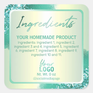 Professionele Blauwgroen Glitter Ingrediëntenlabel Vierkante Sticker