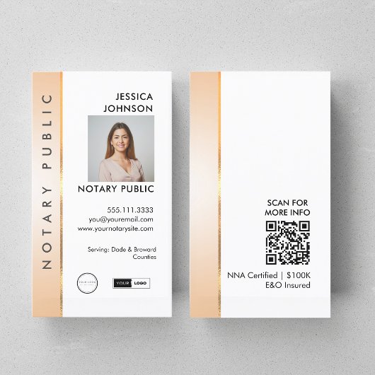 Professionele Classy Peach & Gold Photo Notary QR Visitekaartje