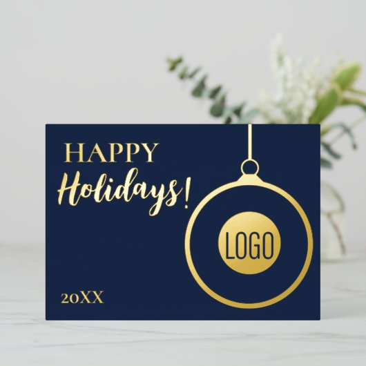 Professionele Eenvoudige Blauw Goud Custom logo Folie Feestdagenkaart (Staand Voorkant)