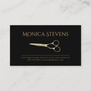 Professionele haarstylist zwart met gouden schaar visitekaartje