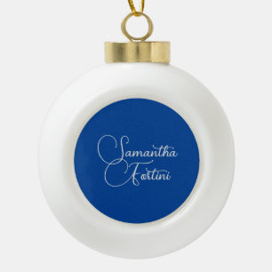 Professionele minimalistische handschriftnaam blau keramische bal ornament