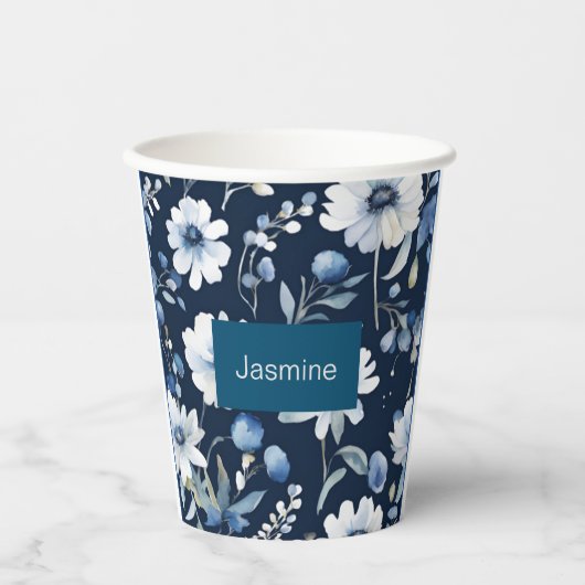 Professionele moderne minimalistische blauwe bloem papieren bekers (Voorkant)