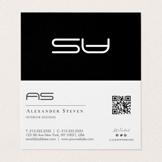 Professionele monogrammen QR-code zwart en wit Visitekaartjes (Buitenkant ongevouwen)