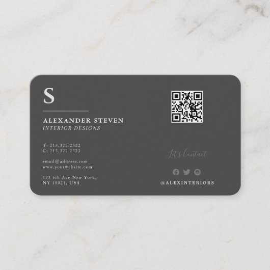 Professionele monogrammen QR Plain Gray Visitekaartje (Voorkant)