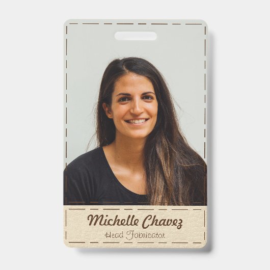 Professionele off witte gestikte faux lederen foto badge (Front)