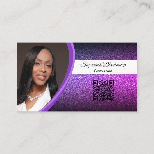 Professionele Paarse Glitter Custom Photo QR Code Visitekaartje (Voorkant)