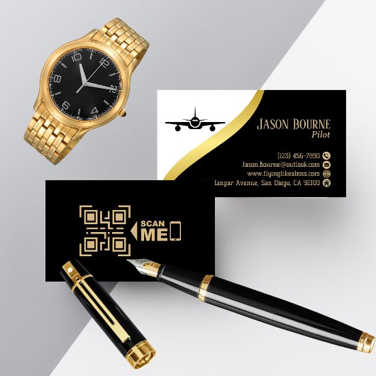 Professionele QR-code Black Gold Pilot Minimalist Visitekaartje