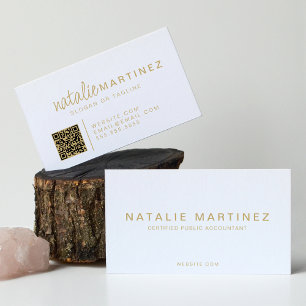 Professionele QR-code Elegant Wit en Goud Script Visitekaartje