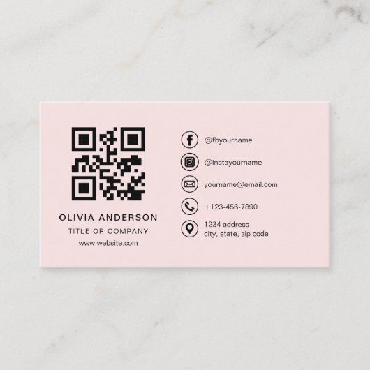 Professionele Zakelijke Blush Roze QR Code Visitekaartje (Voorkant)