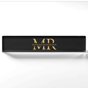 Professionele Zwarte Gouden Monogram Naam Beginlet Naambordje
