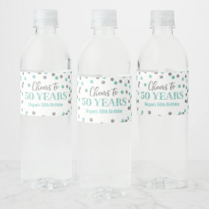 Proficiat aan 50 Jaar Aqua Silver Confetti Verjaar Waterfles Etiket