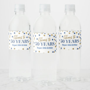 Proficiat aan 50 Jaar Blauw Goud Confetti Verjaard Waterfles Etiket