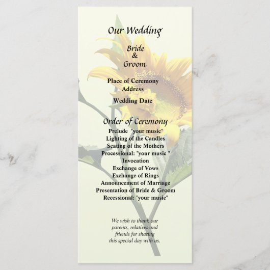 Profiel van een Sunflower Wedding Programme Programma (Voorkant)