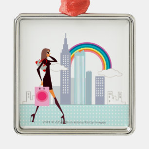 Profiel van een vrouw die met een boodschappentas metalen ornament