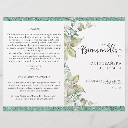 Programa de Quinceañera Verde con Hojas (Voorkant)