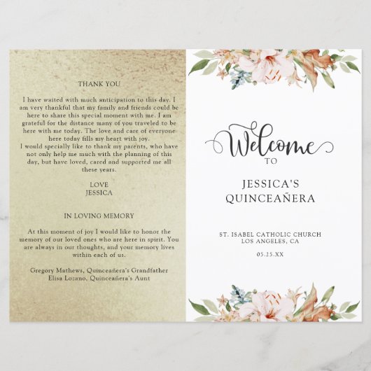 Programma Champagne Gold en Pink Floral Quinceaner (Voorkant)