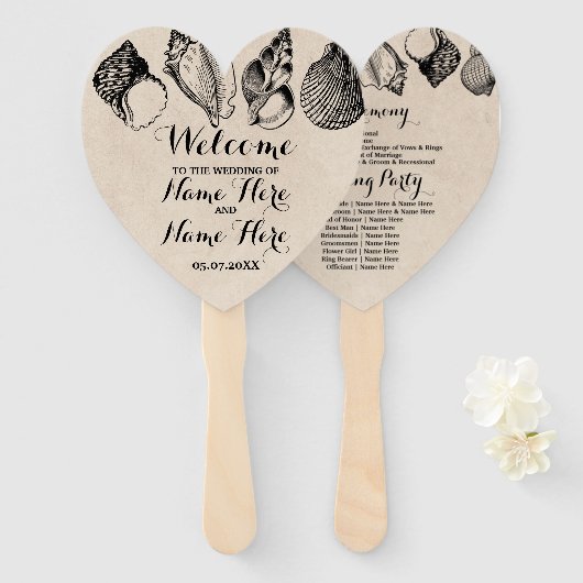 Programma Hand Fan Shells Strand Bruiloft Zee Handwaaier (Voorkant en achterkant)