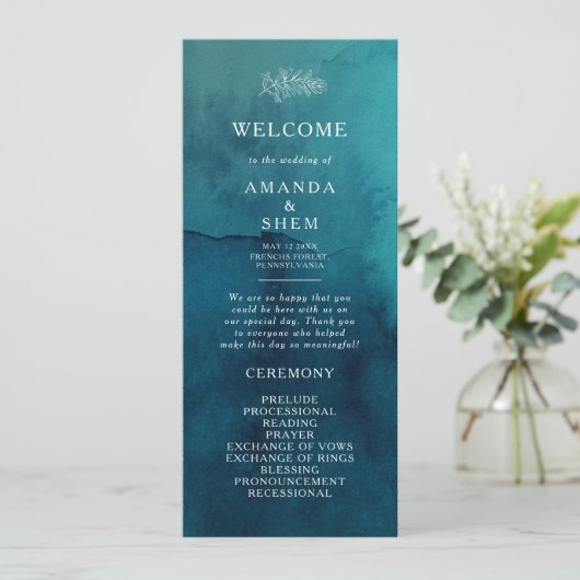 Programma Moody Ocean Waterverf Wedding Programme (Staand voorkant)