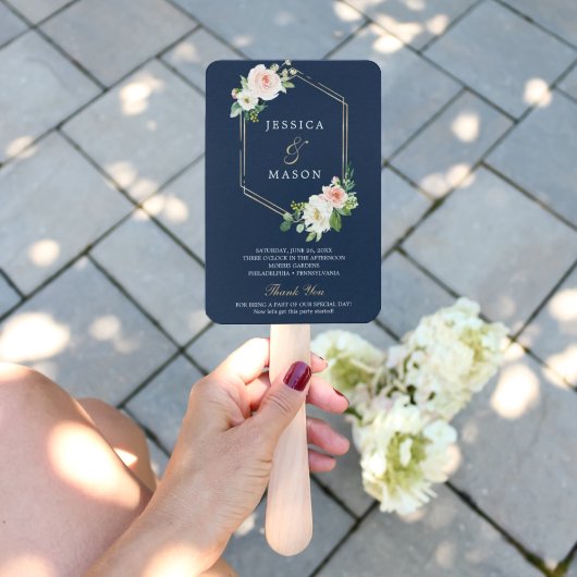 Programma Navy Blue Gold Blush Wedding Fan Handwaaier