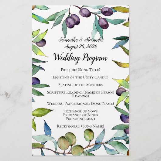 Programma Savory Olive Tuscan Waterverf Wedding Pr (Voorkant)