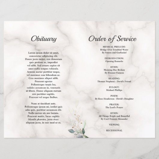 Programma voor de begrafenisherdenking van service (Achterkant)