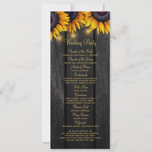 Programma voor het bruiloft van zonnebloemrijke go (Achterkant)