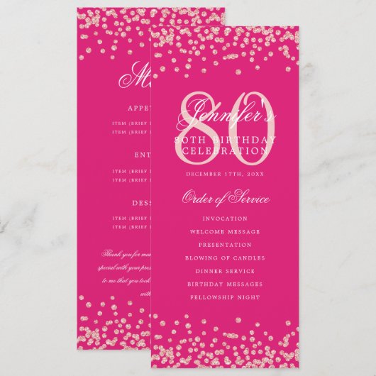 Programme 80e anniversaire Menu Rose Gold Hot Pink (Devant / Derrière)