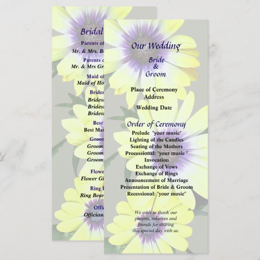 Programme African Daisies Lemon Symphony Wedding Program (Devant / Derrière)