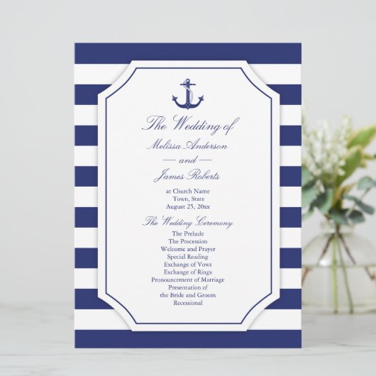 Programme Ancre nautique Marine Blue Stripe Wedding Programm (Debout devant)