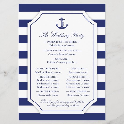 Programme Ancre nautique Marine Blue Stripe Wedding Programm (Dos)