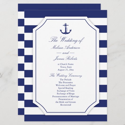 Programme Ancre nautique Marine Blue Stripe Wedding Programm (Devant / Derrière)