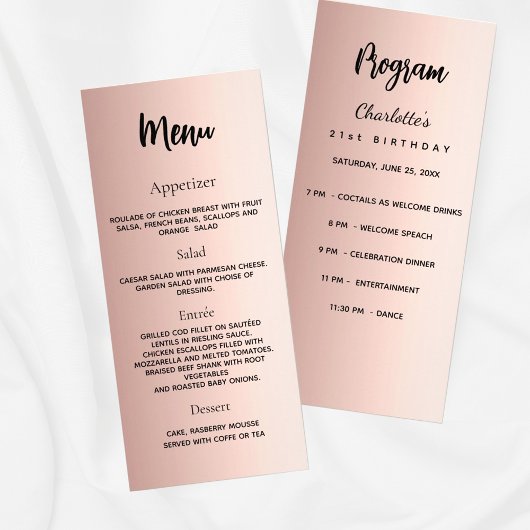Programme Anniversaire Menu rose or élégant