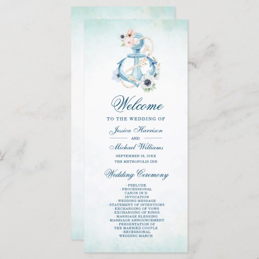 Programme Aquarelle Ancre Florale Turquoise Plage Mariage (Devant / Derrière)