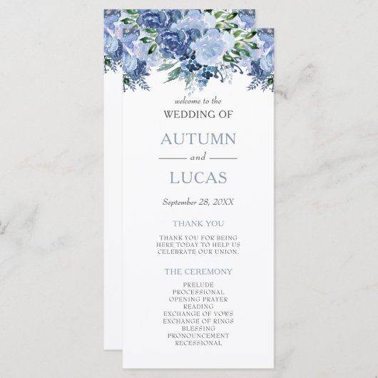 Programme Aquarelle bleu Dusty Mariage Floral (Devant / Derrière)