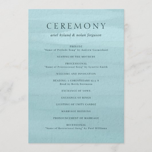 Programme Aquarelle bleu moderne Mariage élégant (Devant)