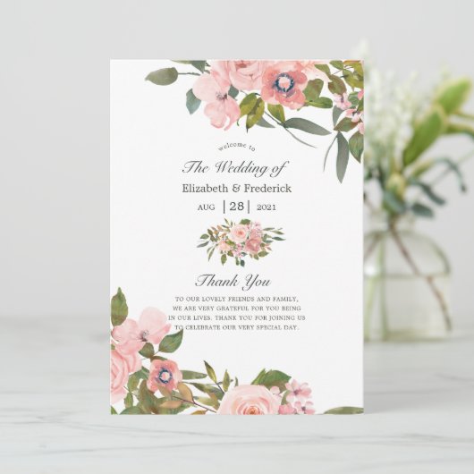 Programme Aquarelle Blush Pink et Rose Gold Rose Mariage (Debout devant)